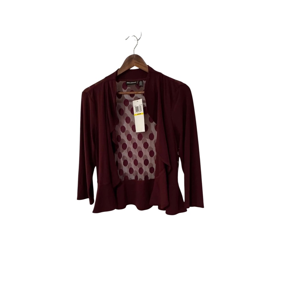Nina Leonard Cardigan Women Medium Deep Wine NWT Polka Dot Mesh Peplum L11493